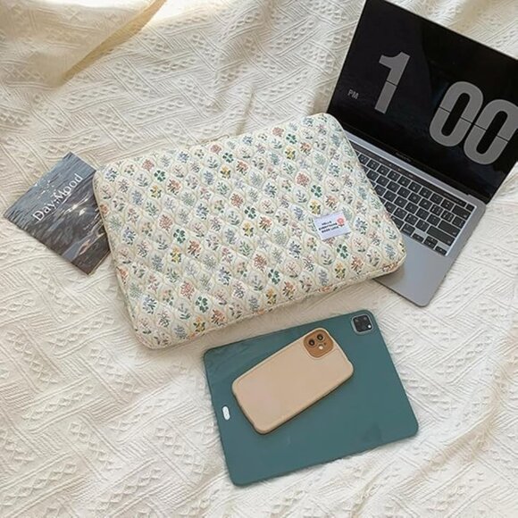 Floral Quilted iPad Case 11" Soft Zipper Tablet Sleeve Cosmetic Bag Multipurpose - Picture 7 of 10